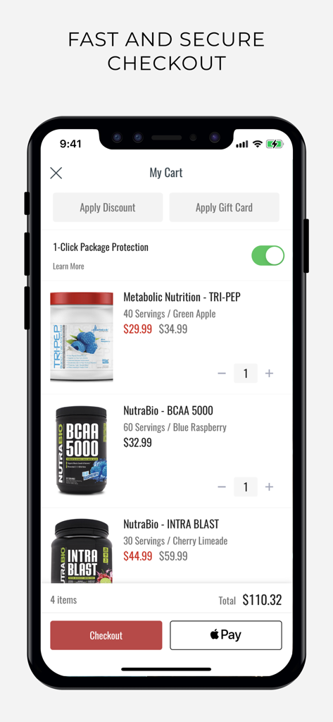 Checkout screen in the Get Yok d app showing a shopping cart with bodybuilding supplements and Apple Pay option