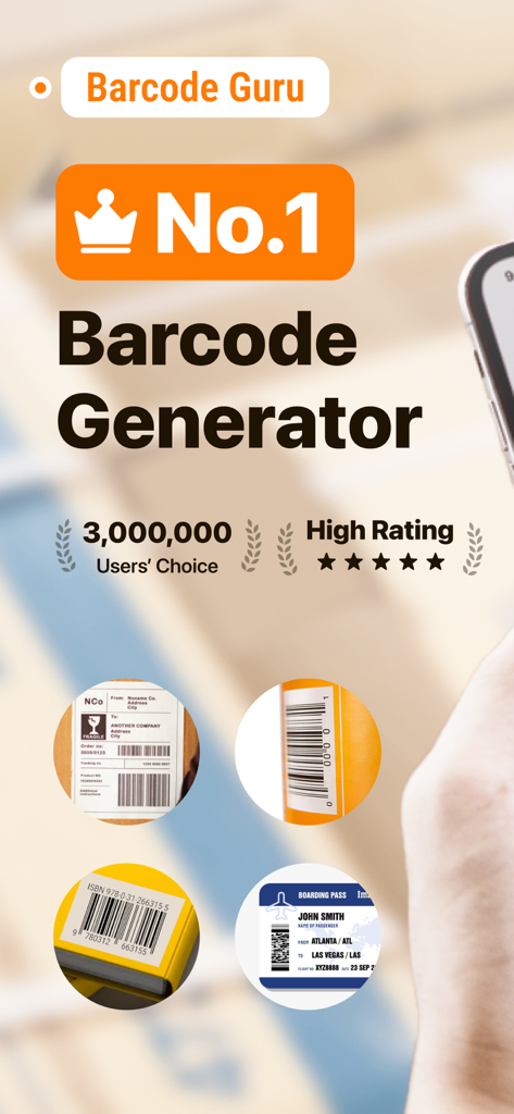 Promotional banner for Barcode Guru app showing professional barcode generation for shipping labels, books, and retail products