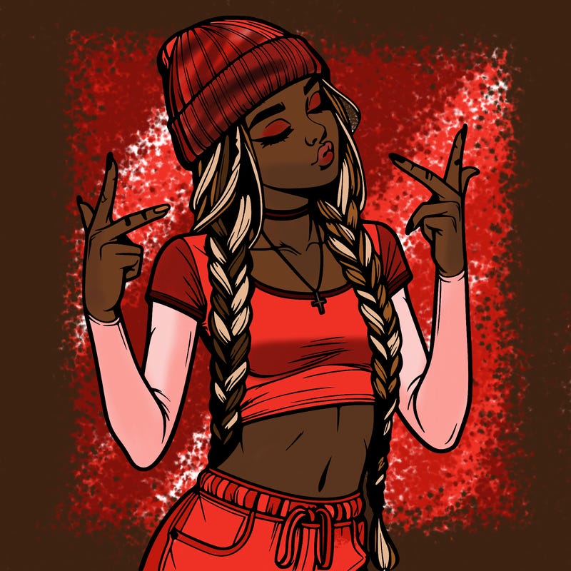 realistic teenage girl with braids and a beanie and crop top doing 🫶🏼
