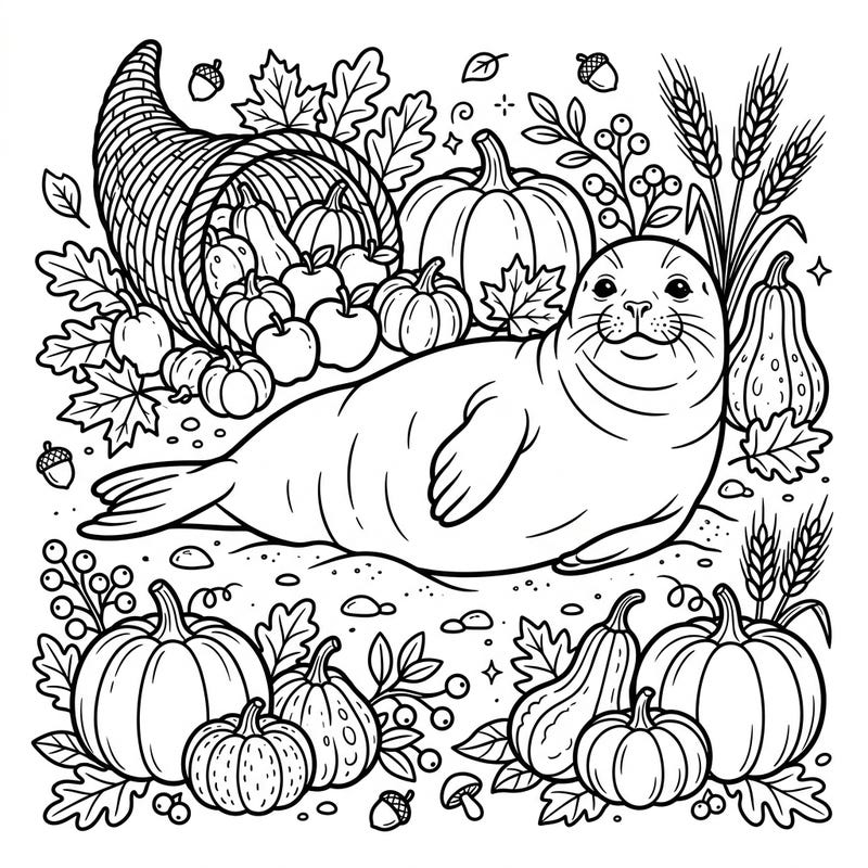 Dive into the autumn spirit with this delightful coloring page featuring a serene resting seal. It's nestled among a bountiful Thanksgiving harvest, offering a charming scene ready for your creative touch.