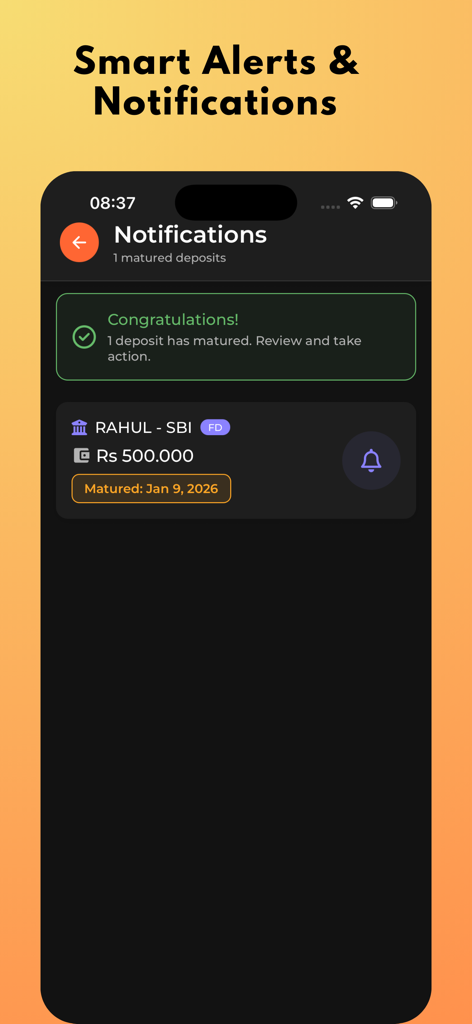 FD-Manager app screen showing a smart notification alert for a matured fixed deposit