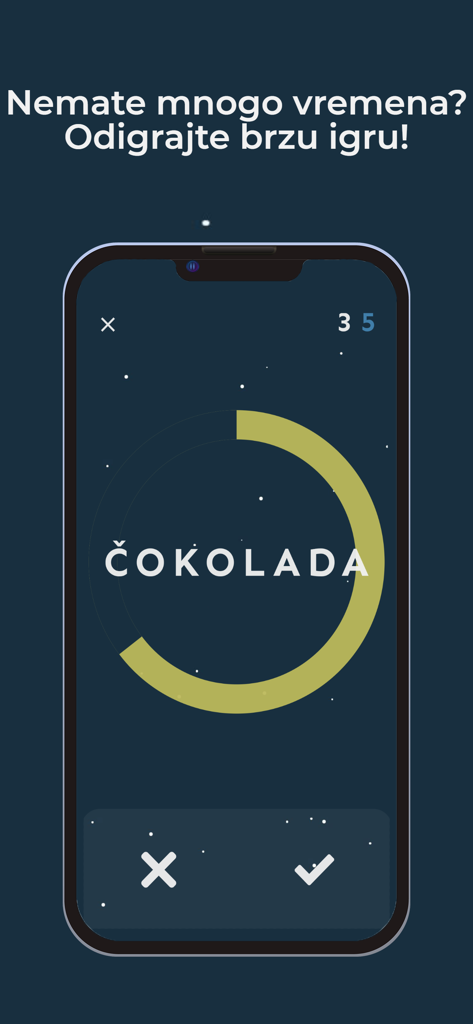 Moderni Alias - A smartphone screen showing the Moderni Alias game interface with a circular timer and the word Cokolada