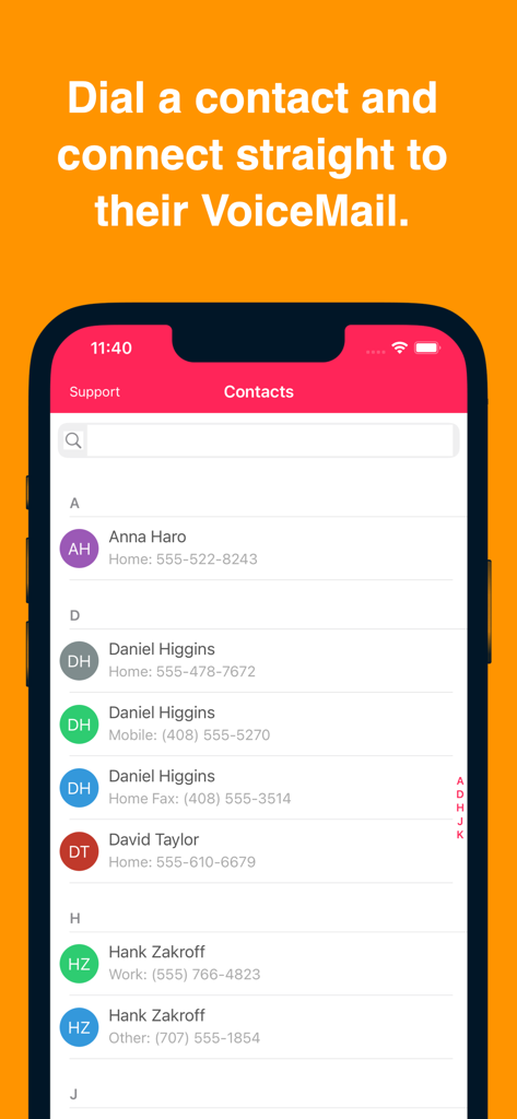 WhatCall app interface displaying a contact list for direct voicemail calls