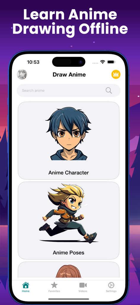 Learn to Draw Anime app interface showing tutorial categories for characters and poses