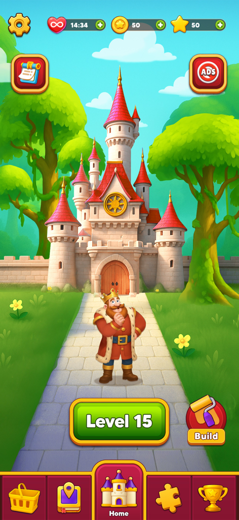 Royal Escape: King Castle - Tela principal do jogo Royal Escape King Castle apresentando o Rei em frente a um castelo real com o botão do nível quinze.