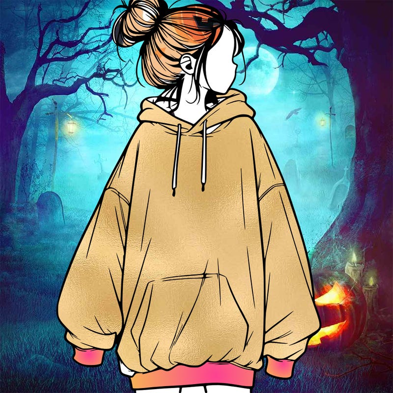 realistic girl with a oversized sweatshirt on and a bun