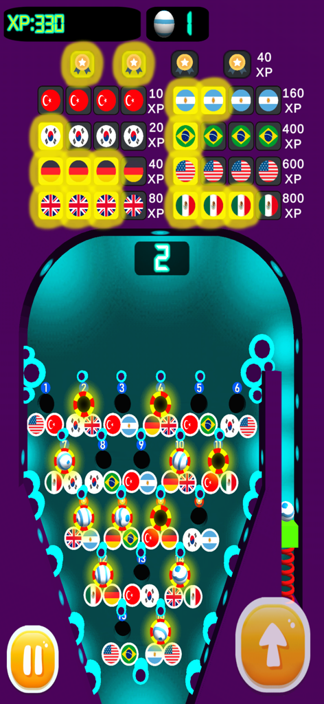 Gameplay of Pinball 6 Ball 3D Machine showing a pinball table with national flag patterns and XP points