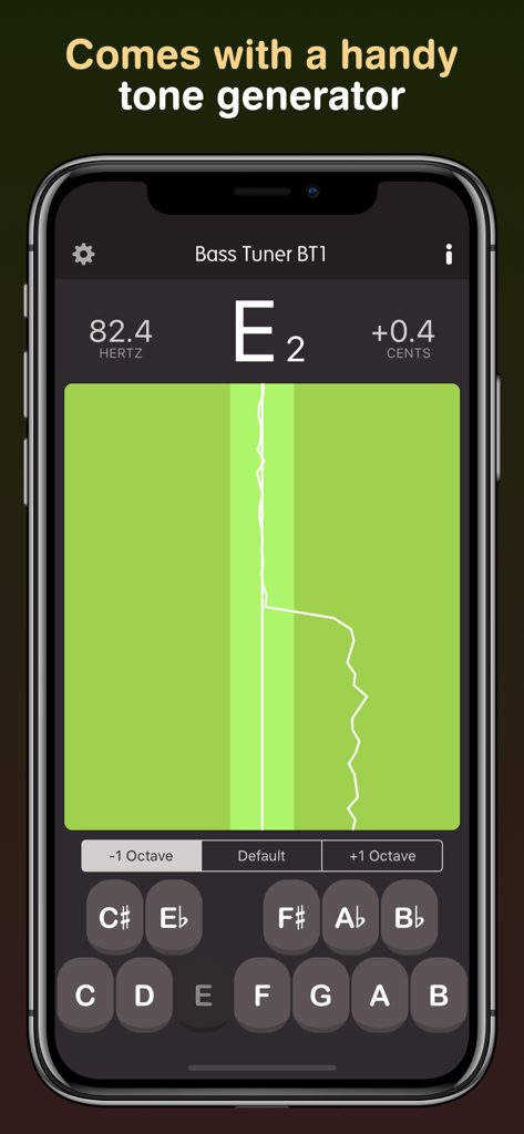 Bass Tuner BT1 Pro - La aplicación Bass Tuner BT1 Pro mostrando su función de generador de tonos y gráfico de tono en una pantalla de smartphone