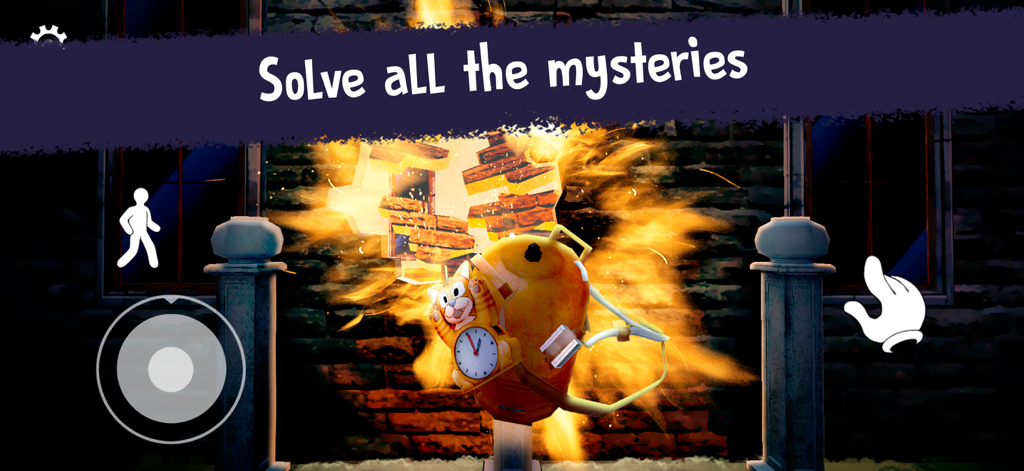 Captura de pantalla del juego Ice Scream 2 que muestra una explosión rompiendo un muro de ladrillos con el texto Resuelve todos los misterios.