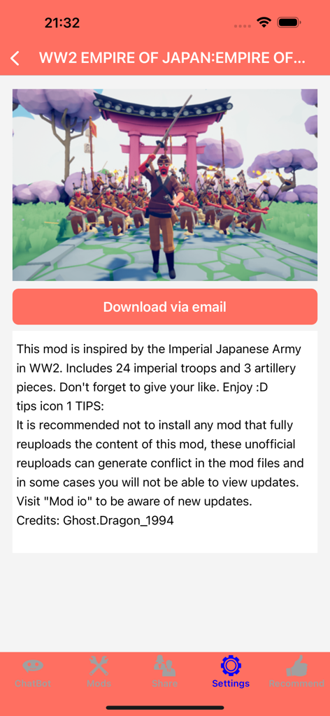 A showcase page for the WW2 Empire of Japan mod in the TABS game companion app