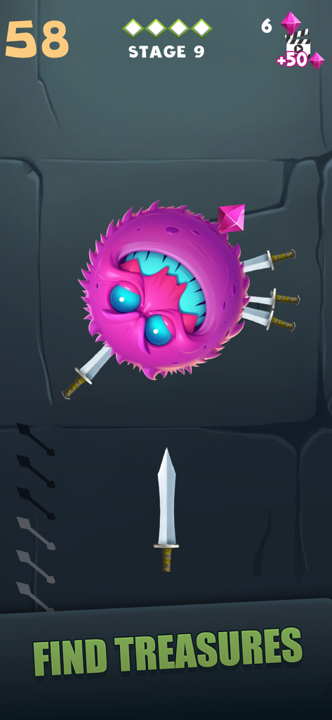 Treasure Masters - Pantalla de jugabilidad de Treasure Masters mostrando una espada siendo lanzada a un jefe monstruo morado y puntiagudo