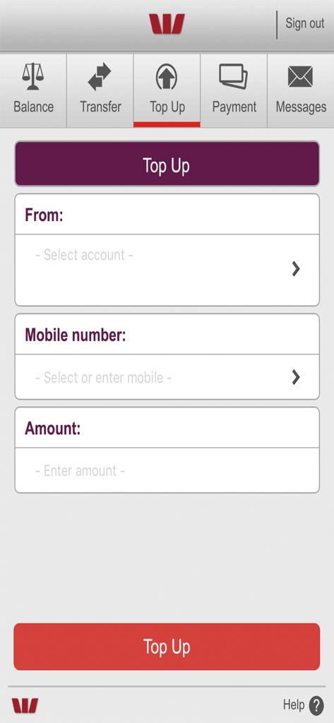 Westpac Fiji Mobile Banking app interface showing the mobile top up transaction screen with fields for account selection and mobile number