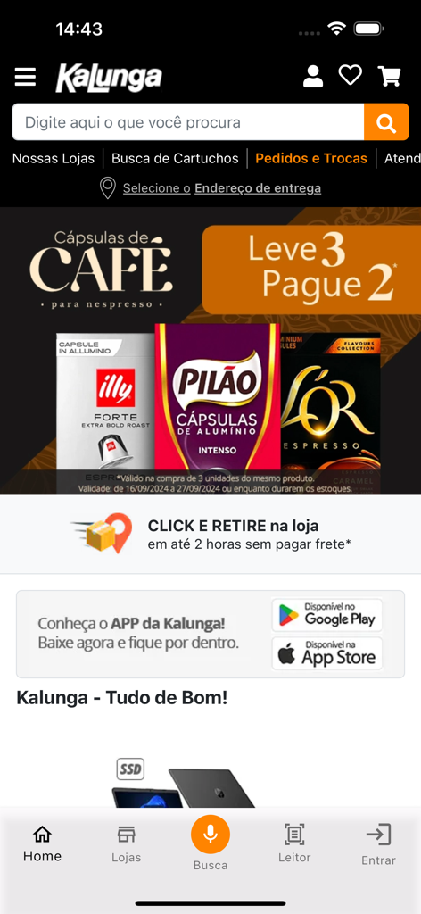 Kalungaモバイルアプリのホーム画面。コーヒーカプセルのセールと店舗受け取りバナーが表示されています。