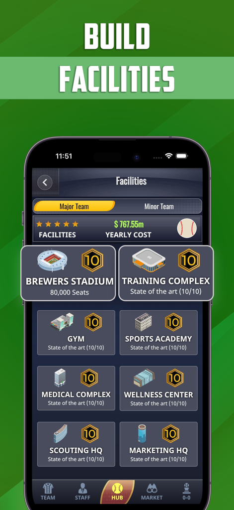 Interface of Ultimate Pro Baseball GM showing facility management for a major baseball team with stadium and training center upgrades