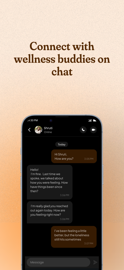 Eaze App: Talk & Feel better - Eazeアプリでウェルネスバディとのチャット会話を示し、感情的な幸福について議論するスマートフォン