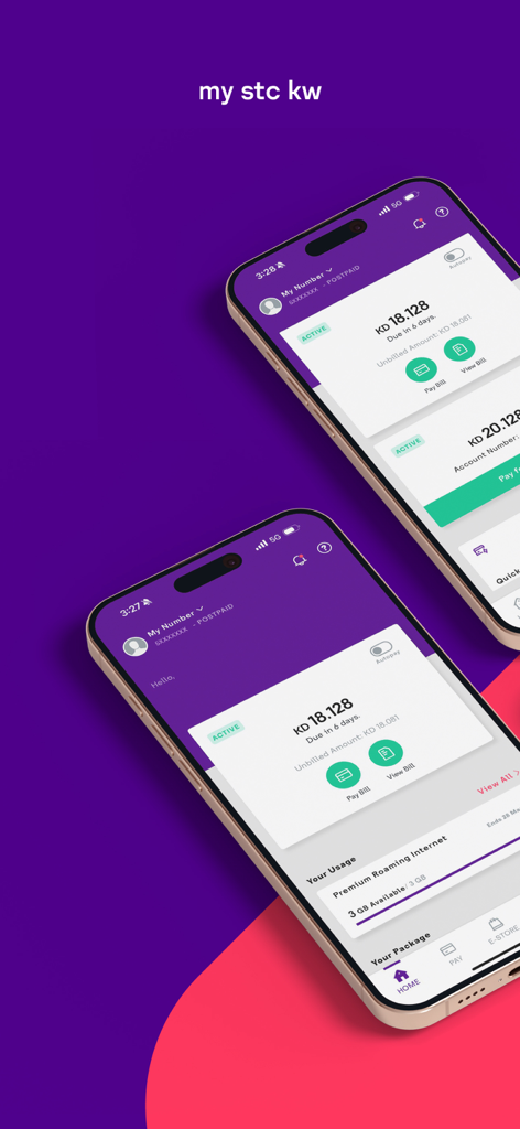 my stc KW - The my stc KW app dashboard on two smartphones displaying account information.