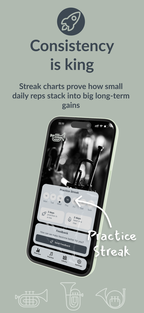 Captura de tela do aplicativo Neotones mostrando o recurso de streak de prática com um calendário e acompanhamento de consistência diária para músicos de metais.