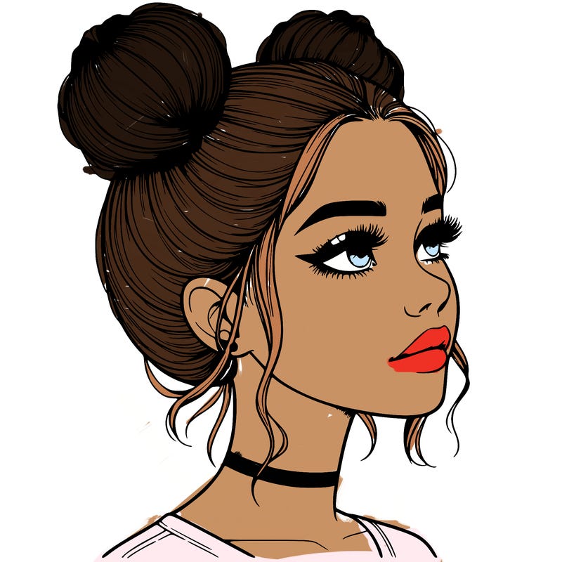 realistic girl with buns on the top of her head