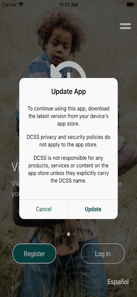 GA DCSS - Update app notification modal on the GA DCSS child support mobile app login screen