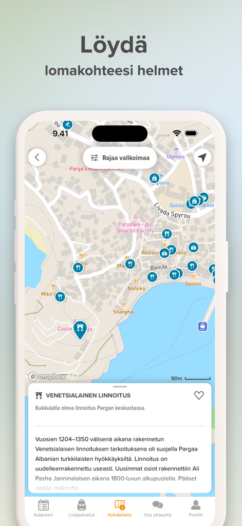 Aurinkomatkat - Aurinkomatkat app map view showing tourist attractions and destination information.