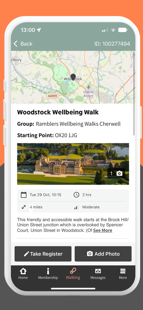 Ramblers - Un écran de l'application membre Ramblers montrant les détails de la marche bien-être de Woodstock, y compris une carte et une description de l'itinéraire.