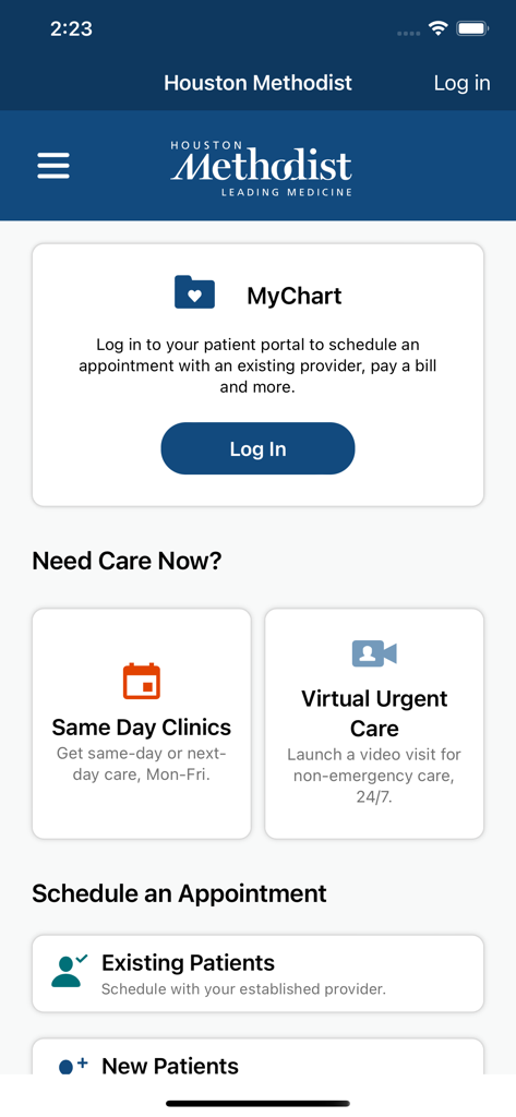 MyMethodist - The home screen of the MyMethodist mobile app featuring options for MyChart login virtual urgent care and appointment scheduling