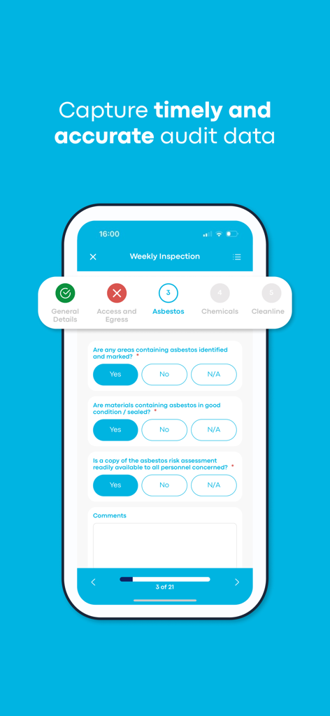 Notify Audits and Inspections - A smartphone screen displaying a weekly asbestos inspection checklist in the Notify Audits and Inspections app.