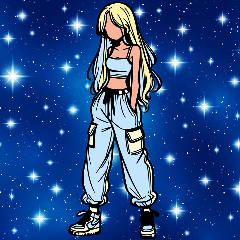 girl in baggy pants crop top and long hair