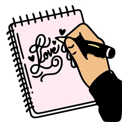 a hand writing “love” in calligraphy on a notebook