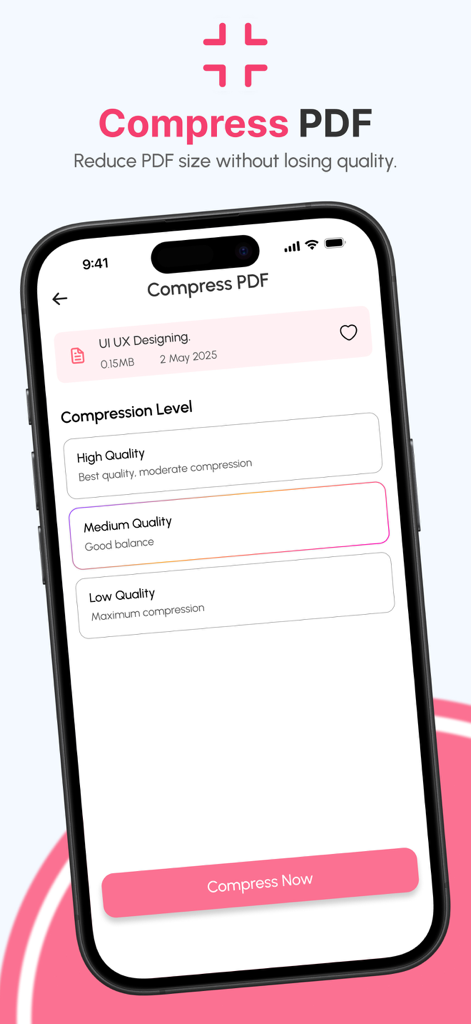 PDF Reader - AI PDF Tools - PDF圧縮機能の画面。PDFリーダーアプリでの品質レベルが表示されています。