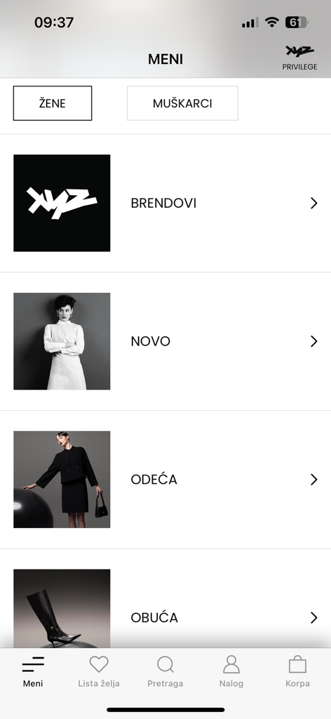 XYZ 패션 스토어 앱의 메인 메뉴 화면에 여성 및 남성용 럭셔리 패션 카테고리 표시