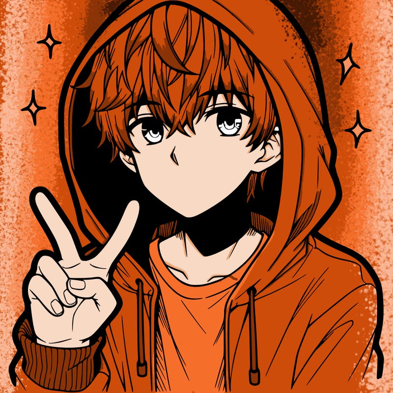 teenage manga boy in a hoodie, doing ✌