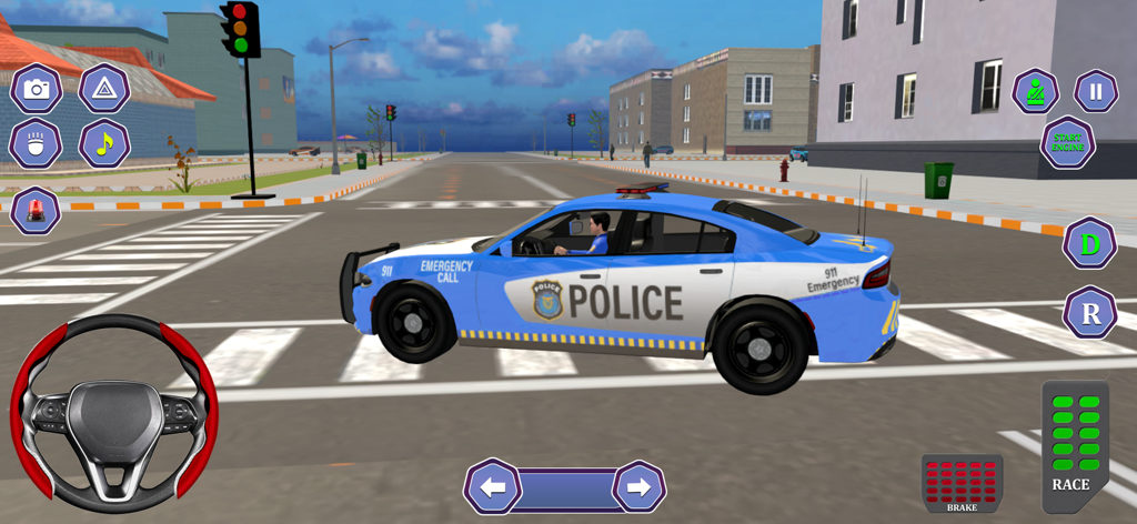 Police car driving through city streets in a 3D simulation game