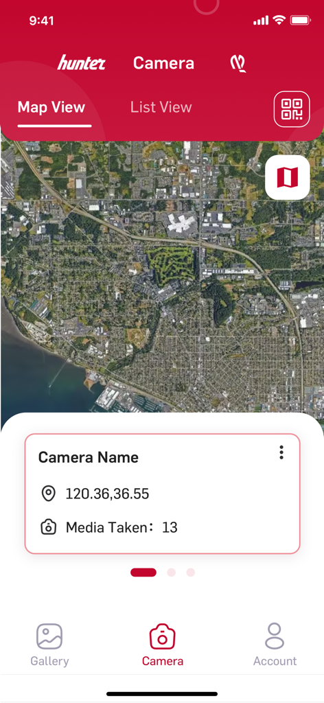 Satellite map view of a trail camera location in the Nordic Hunter mobile app.