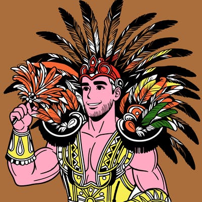 a realistic man  in the carnaval of rio with a carnival costume from brazil with feathers