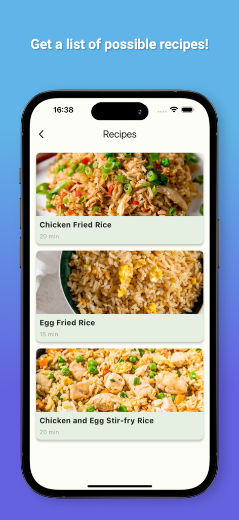 iPhone screen showing a list of suggested recipes in the PantryChef app including Chicken Fried Rice and Egg Fried Rice