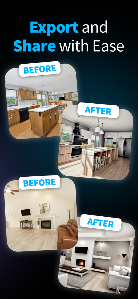 AI Room Design: Dream House - Before and after interior design transformations for a kitchen and living room