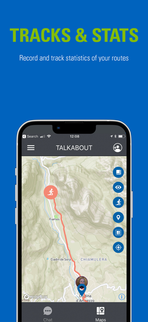 Motorola Talkabout app screen displaying route tracking and statistics on a topographic map