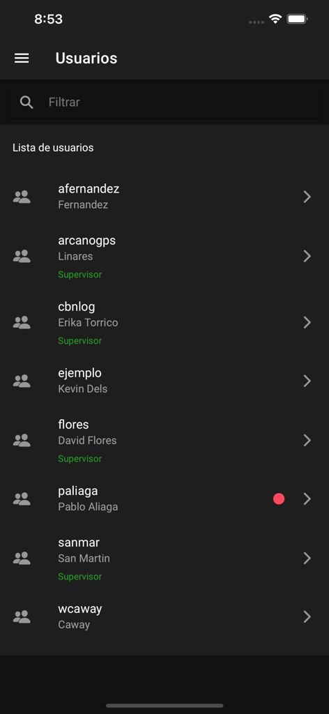 Rastreo GPS v2 - Una lista de usuarios en la aplicación Rastreo GPS v2 que muestra nombres de usuario y roles de supervisor.