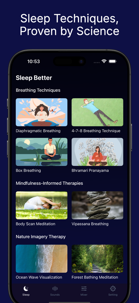 Daily Meditation Studio - Tela do aplicativo Daily Meditation Studio mostrando técnicas de respiração e atenção plena baseadas na ciência.
