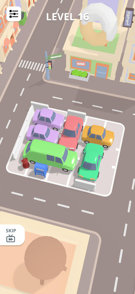 Car Parking - Drive Away 3D - Visão de cima para baixo em 3D de um puzzle de engarrafamento de estacionamento de carros com veículos coloridos em um pequeno lote no Nível 16.