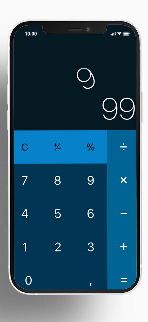 R-Digit magic app showing a blue calculator interface with floating numbers on an iPhone screen