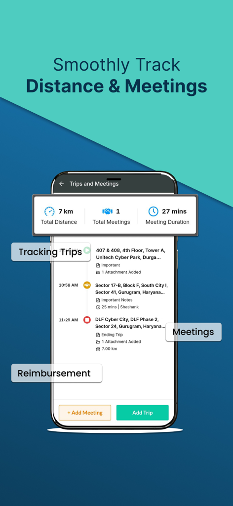SalaryBox mobile app screen showing distance tracking and meeting logs for field staff workforce management.