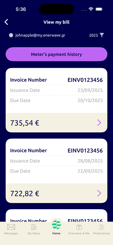 myEnerwave - Energy bill history and invoice list in the myEnerwave mobile app