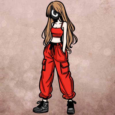 girl in baggy pants crop top and long hair