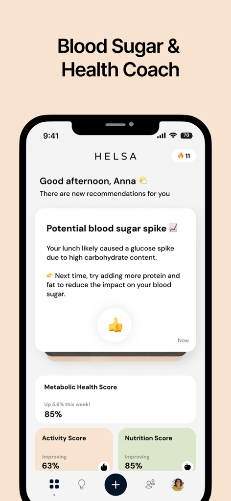Helsa: Metabolic Health Coach - Helsa app dashboard showing metabolic health scores and a blood sugar spike warning with AI coaching advice.
