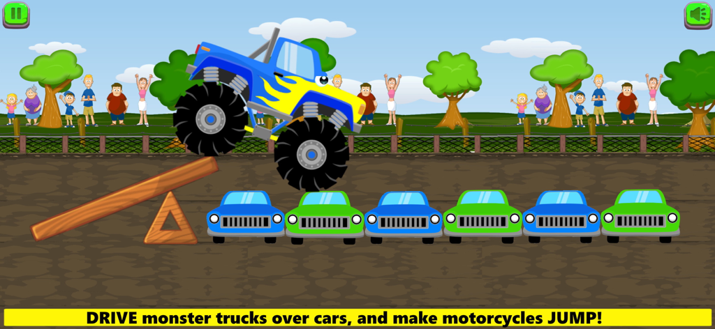 Monster Truck Games! Go Racing - A blue cartoon monster truck jumping over a row of parked cars in a stadium arena