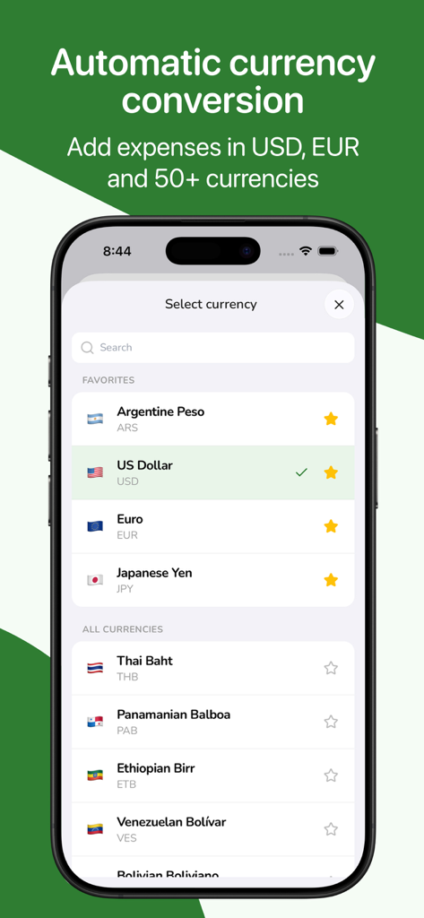 Kesef: Expense Tracker - Interface do aplicativo Kesef mostrando conversão automática de moeda com uma lista de moedas internacionais como USD e EUR