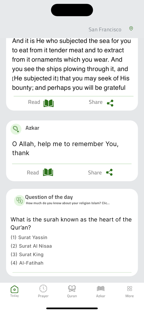 Muslim: Adhan Azkar Quran - Muslim app Today dashboard displaying Quran verse Azkar supplication and a religious knowledge question