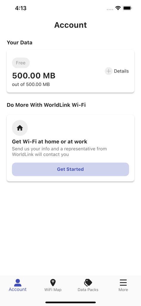 Tableau de bord de l'application WorldLink Wi-Fi montrant le solde de données restant et les options de service